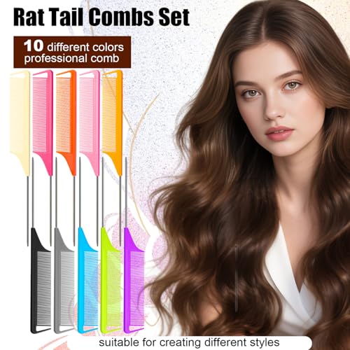 Black 10pcs Rat Tail Combs Set for Hair Styling & Braiding - Metal Fine Tooth