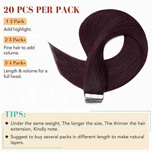 Hairro Tape In Hair Extensions Human Hair Tape Ins Glue In Skin Weft Rooted Tape On Hair Extensions Blonde Hair Extensions For Women 16 inch 50g 20pcs #99J Wine Red
