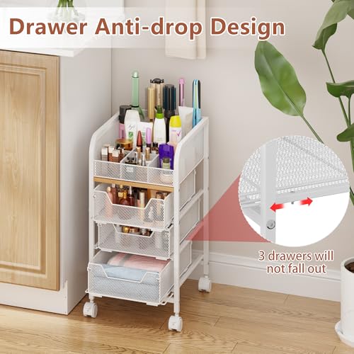 Rolling Makeup Cart Organizer with 3 Drawers, 4-Tier Narrow Floor Skincare Organizers with dividers, Vanity Organizer Cosmetics Display Cases for Makeup Brush, Hair Tool, White