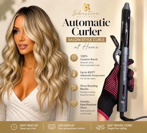 Sebastian Professional Ceramic Curling Iron - 450°F Hair Curler with Heat-Resistant Glove