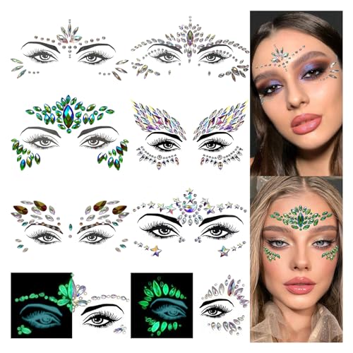 Face Gems 8 Sets Mermaid Face Jewels Self Adhesive Festival Gem Stickers Eyes Body Face Stickers Crystal Festival Accessory for Carnival, Party, Halloween