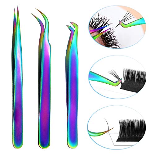 Quewel Eyelash Extension Tweezers Set Eyelash Applicator Tool Curved and Straight pointed Tweezers Lash Extension Supplies Stainless Steel Precision Tweezers Silver (3 pcs, Rainbow)