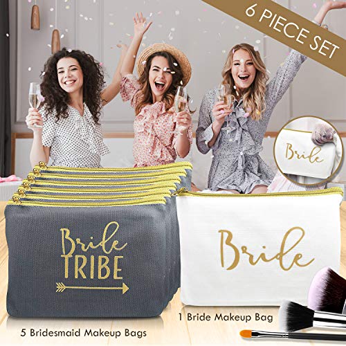 Heather & Willow 6 Piece Set | Bride Tribe Canvas Cosmetic Makeup Clutch Gifts Bag for Bridesmaid Proposal Box & Bridesmaids Bachelorette Party Favors (Grey)