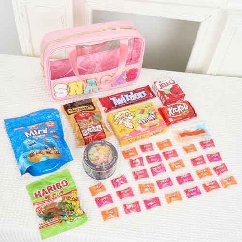 Snack Bags Chenille Letter Patch Clear Bag for Travel, Preppy Cosmetic Bag Snack pouch with Zipper, Toiletry Bag for Traveling Women, Clear Travel Bags for Toiletries (Deep Purple)