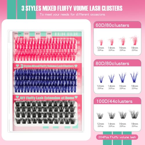 3-Color Eyelash Extension Kit, 60D/80D/100D Fluffy D-Curl Cluster Lashes - Fake Mink Volume Lashes for DIY, Includes 1 Pink Eyelash Curler