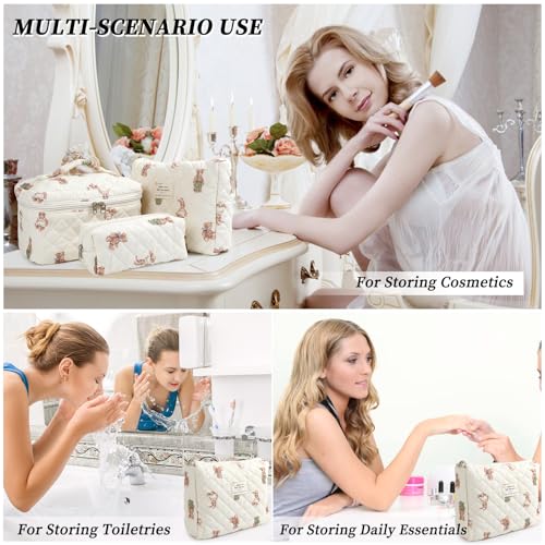 Large Quilted Makeup Bag for Women and Girls, Cute Coquette Floral Cotton Cosmetic Bag, Aesthetic Travel Organized Toiletry Bags (06-beige bears)