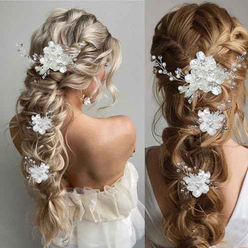 3 PCS Large Flower Bridal Wedding Hair Pins Crystal Pearl Hair Clips Headpiece Bride Hair Accessories Jewelry with Rhinestone, Glitter Emboss White Flower