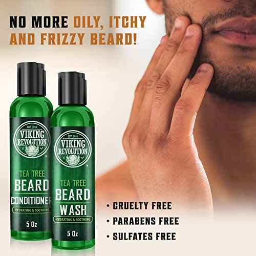 Viking Revolution Tea Tree Beard Wash and Conditioner Set for Men - Natural Beard Softener with Argan Oil, Vitamin E and Ginseng (5 Oz)