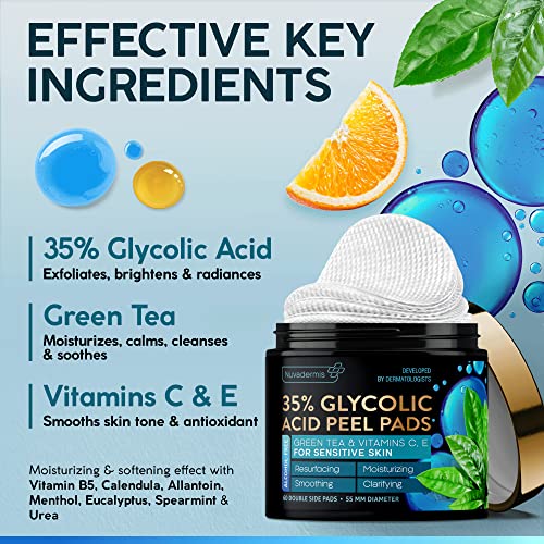 NUVADERMIS Urea Cream & 35% Glycolic Acid Pads - 40% Urea Foot Repair Lotion - Hand Dry Skin Callus Remover - Exfoliating Facial Peel - Natural Resurfacing for Sensitive Skin - 60 Double-Side Pads