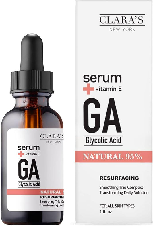 CLARA'S NEW YORK Glycolic Acid Facial Serum with Vitamin E for Exfoliating Smoothing Glowing Face Skin - Made in USA 30ml (1Fl/Oz) (Glycolic Acid)