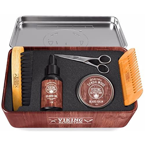 Viking Revolution Ultimate Grooming Kit for Men - Boar Brush, Wood Comb, Sandalwood Balm & Oil, Scissors for Beard & Mustache