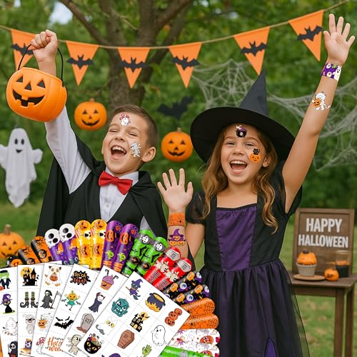 144PCS Halloween - 72 Temporary Pre-Cut Tattoos & 72 Slap Bracelets Halloween-Themed Birthday Supplies, Baby Shower Gifts, Classroom Rewards & Party Decor for Kids (Boys & Girls)