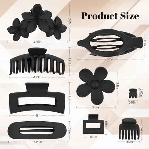 Hair Clips for Women: Non-Slip Strong Hold Jaw Claw Clips for Thin Thick Curly Hair, Classic Black Hair Claw Set Include Large, Square, Flower, Flat & Small Clips as Christmas Gift 12Pack(Set A)