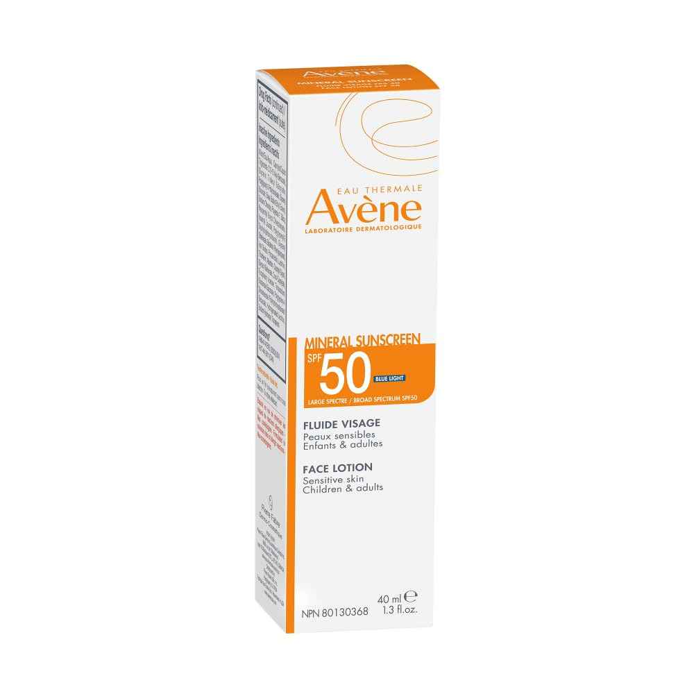Avène Mineral Sunscreen SPF 50 Face Lotion, fast absorbing, 100% Mineral Sunscreen, Protects against UV, pollution + bluelight, With with Zinc Oxide + Bisabolol, 80 minute water resistance 1.3 oz