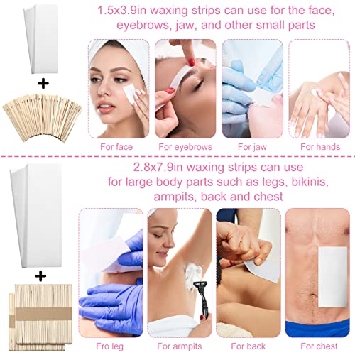 Ireer 1000 Pcs Wax Strips and Sticks Kit 500 Pcs Non Woven Waxing Strips 500 Pcs Assorted Applicator Sticks Soft Wooden Facial Body for Eyebrow Hair Removal Spa Home Women Men Leg