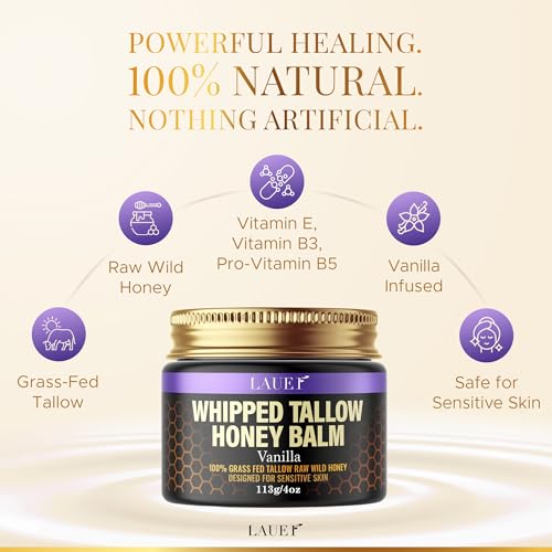 Whipped Tallow Honey Balm Soft Smooth Skin Face 100% Grass-Fed Beef Tallow Body Butter Raw Honey All Skin Type Natural Vanilla Moisturizer for Eczema Rashes Dry Skin Sunburn Treatment for Women