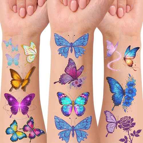 Glitter Butterfly Temporary Tattoos | Butterfly Themed Birthday Party Decorations Party Favors Supplies Accessories Stickers Gift Idea For Kids Boy Girl Teen Adult 60Pcs 4 Sheets Pre-cut