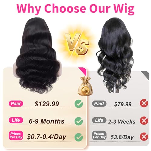 RAYFOG 13x6 Body Wave Human Hair Lace Front Wig 30 Inch Natural Black 180% Density