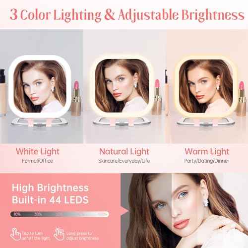 FASCINATE 20X Magnification Compact Travel Makeup Mirror with Lights and Magnification, 3.5 inch Portable 1X/20X Magnifying Mirror with 3 Color Light, Folding, Handheld (Pink)