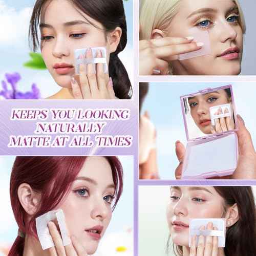 BOROLA 3-in-1 Oil Blotting Paper Set for Face 100 Sheets Oil Absorbing Sheets with Portable Mirror & Adhesive Makeup Puff, Blotting Papers for Oily Skin, Design for Men & Women(Purple)