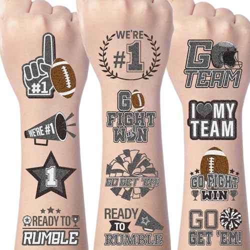 Gameza Black Team Spirit Tattoos - 144PCS Football Black Spirit Week Party Favors Supplies, Glitter Football Team Temporary Tattoo Stickers for School Cheerleading Sport Games Accessories Rewards