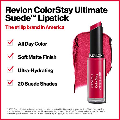 REVLON Lipstick, ColorStay Ultimate Suede Lipstick, High Impact Lip color with Moisturizing Creamy Formula, Infused with Vitamin E, 005 Muse, 0.09 Oz