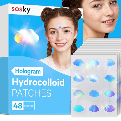 Sosky Hologram Acne Patches, Hydrocolloid Pimple Stickers with Salicylic Acid, 48 Count