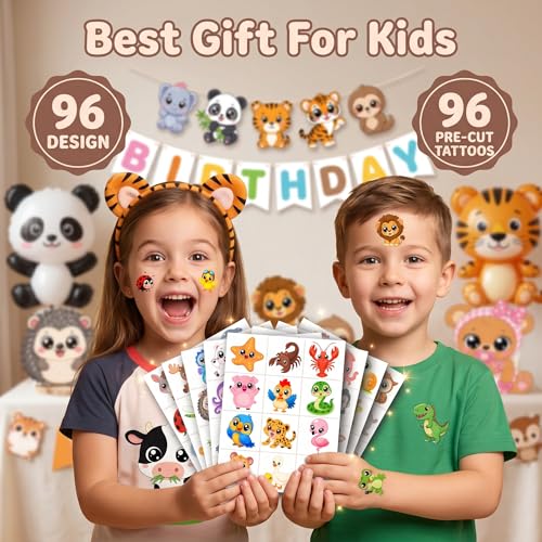 Kawaii Animal Temporary Tattoos Set - 96 PCS for Kids