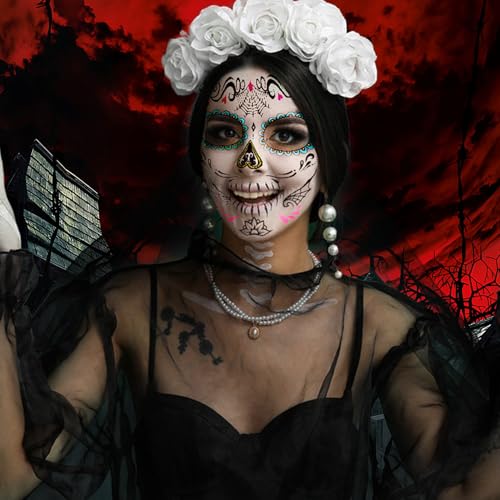 12 Sheet Day of the Dead Face Tattoos, Halloween Temporary Tattoos Face Sticker Skeleton Sugar Skull Fake Tattoos for Halloween, Masquerade and Parties