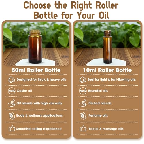 Warmify 50ml Obsidian Glass Roller Bottles for Essential Oils & Perfume - Leak-Proof Amber Refill Set