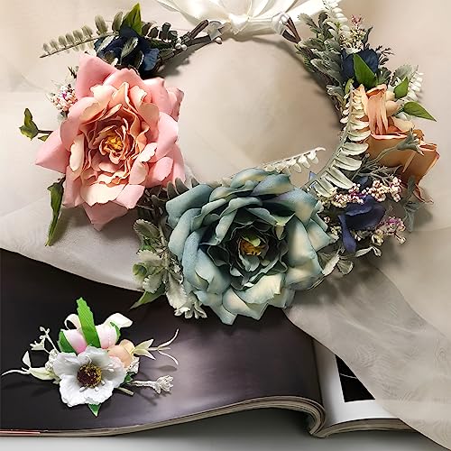 Unicelucky Handmade Flower Crown for Women Maternity PhotoShoot Floral Crown Headband Hair Wreath Flower Garland Headpiece with Ribbon for Wedding Festival Party HEBQH7-K