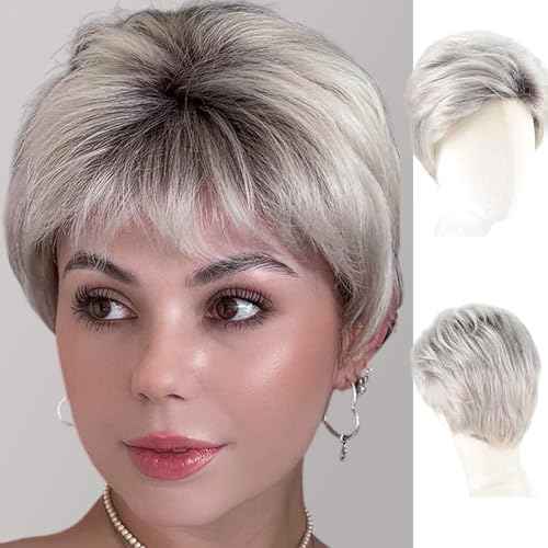 WIGYY Silver Grey Pixie Cut Wig for White Women, Short Curly Synthetic Wig with Bangs, Upgraded Glueless Cap, Heat-Resistant Lightweight Wig for Older Women Daily Wear