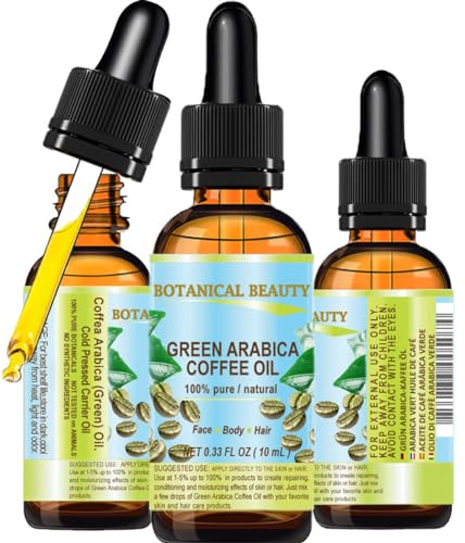 Botanical Beauty GREEN ARABICA COFFEE OIL Brazilian 100% Pure Virgin Unrefined 0.33 Fl.oz- 10 ml. for Face, Skin, Hair, Lip, Nails. Anti - aging face Oil