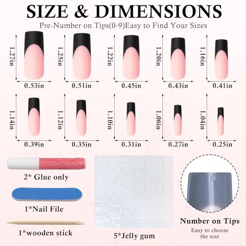 Bellelfin 120Pcs Long French Tip Press on Nails Square Black Fake Nails French Tip, Full Cover Matte Glue on False Nails Nude Acrylic Nails Press on for Women Girls Artificial Fingernails