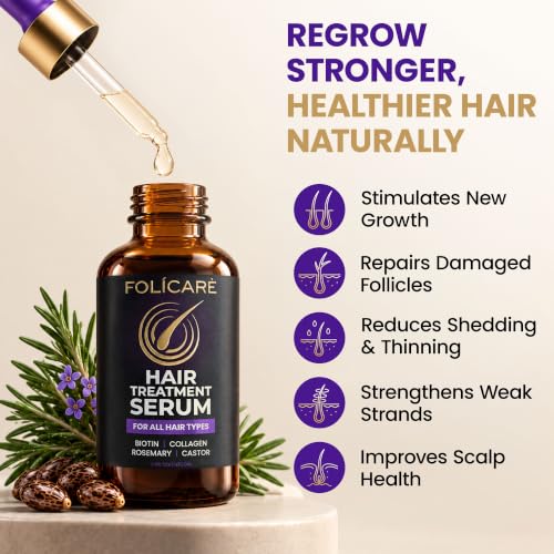 FOLICARE Rosemary Castor Hair Growth Serum 2oz - Non-Greasy, Fast-Absorbing, Bedtime Formula