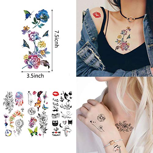 60 Sheets Waterproof Temporary Tattoos Stickers - Flowers & Butterflies