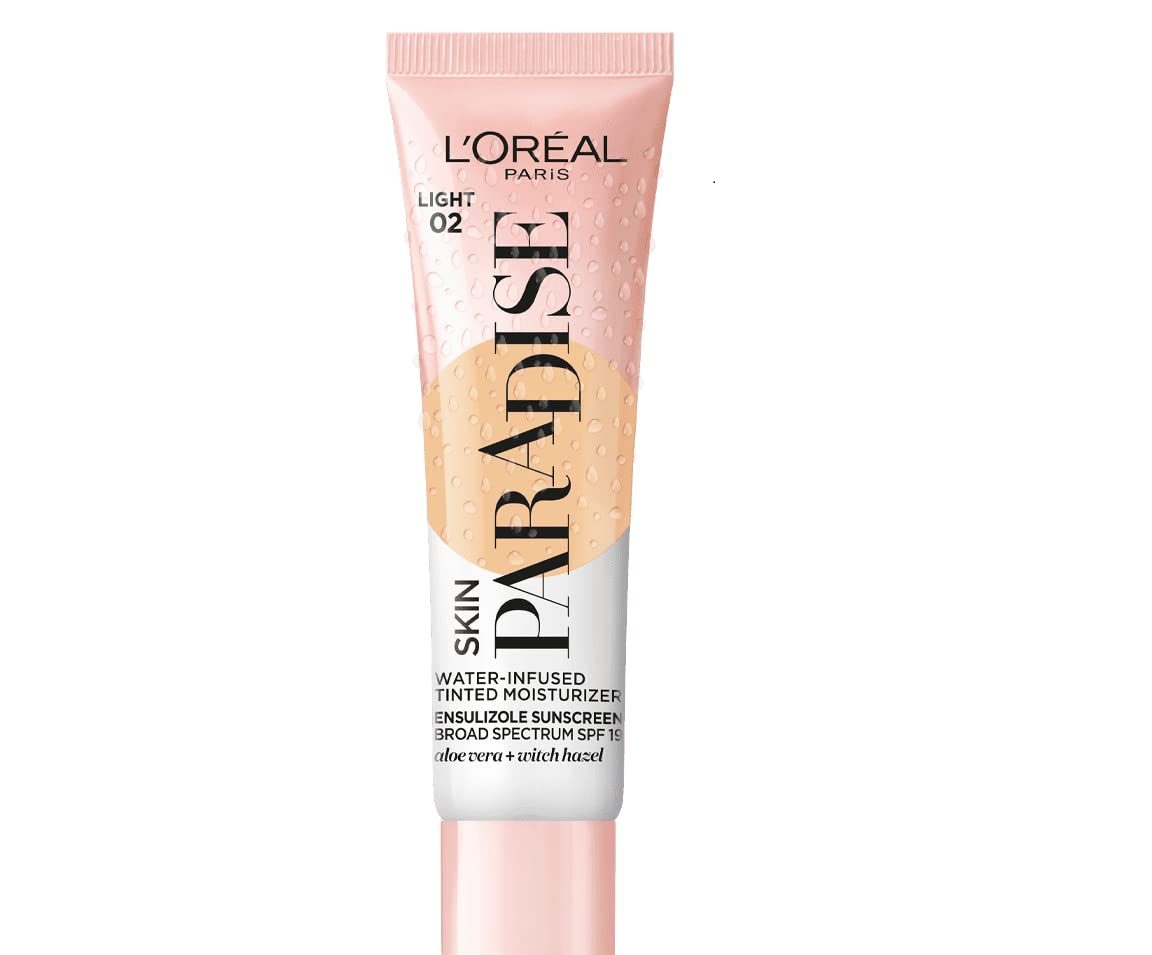 L'Oreal Paris Skin Paradise Water-infused Tinted Moisturizer with Broad Spectrum SPF 19 sunscreen lightweight, natural coverage up to 24h hydration for a fresh, glowing complexion, Light 02, 1 fl oz