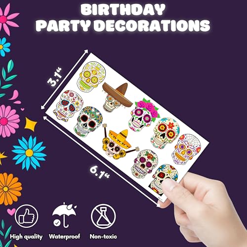 Skull Temporary Tattoos Fiesta Sugar Skull Party Decorations Favors Supplies Mexican Themed Cute Stickers 10 Sheets 100 PCS Gifts for Baby Girls Boys Class School Carnival