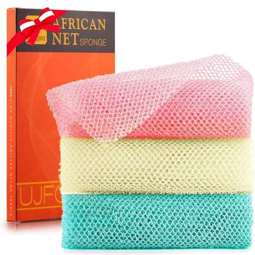 UJFQBH 3 Pieces African Net Sponge, African exfoliating net African Net Long Net Bath Sponge Exfoliating Shower Body Scrubber Back Scrubber Skin Smoother£¨Pink, Green, Off-White£©