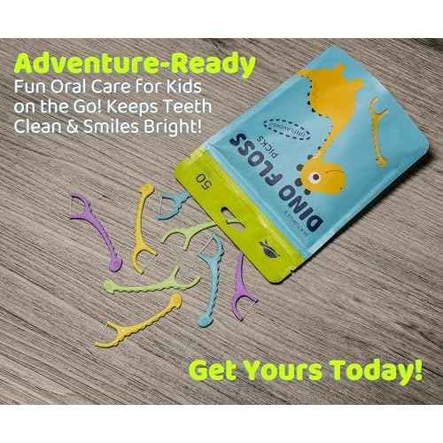 Sea Turtle Kids Dino Floss Picks - Corn Starch Handle - Thin Thread Tooth Dental Flossers - Unflavored (50)