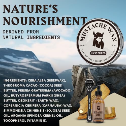 Striking Viking Mustache Wax Kit with Comb - 2 oz, Unscented, Strong Hold - Unscented Mustache Wax for Men & Anti-Static Comb for Precise Grooming - Non-Greasy Formula for Easy Beard Care