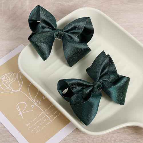 4inch Christmas Dark Green Hair Bow Clips Glitter Ribbon Bowknot Alligator Barrettes Hairpins St Patricks Holiday Party Dress Decor Accessory Gift for Toddler Girls Child Xmas Gift