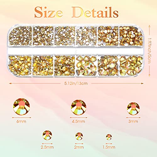 2000 Pieces Flat Back Gems Rhinestones 6 Sizes (1.5-6 Mm) Round Crystal Rhinestones with Pick up Tweezer and Rhinestones Picking Pen for Crafts Nail Clothes Shoes Bags DIY Art(Metallic Sunshine)