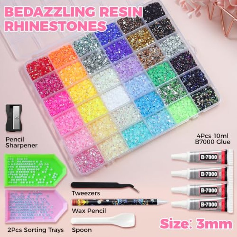 48000 Resin Rhinestones 3mm 36 Colors Bedazzler Kit with Glue