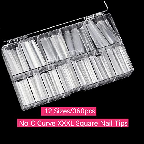 No C Curve 3XL Long Square Nail Tips for Acrylic Nails Professional, SWETIDY 360PCS Clear Straight Flattened Half Cover False Nails Tips with Case for Nail Salons and Home DIY, 12 Sizes