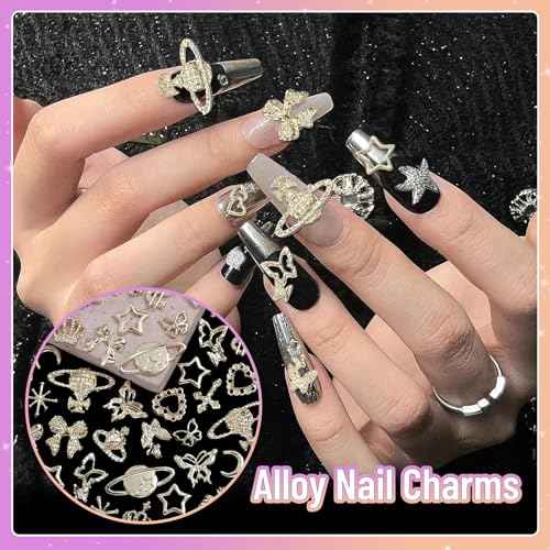 180 Pcs Gold Nail Charms and Gems, Bow Star Butterfly Cross Alloy Nail Jewelry, 18 Styles Metal Planet Heart Y2K Gold Nail Charms for Nails Art Design
