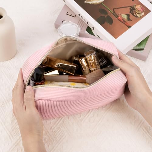 Playexen 9.9" Blue Corduroy Makeup Bag with Ring Buckle Travel Organizer
