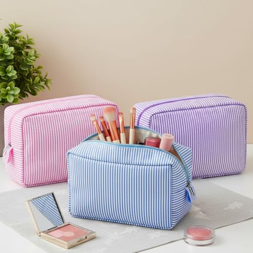 Sanwuta 3 Pcs Seersucker Cosmetic Bag Seersucker Makeup Bag Women Stripe Large Travel Toiletry Organizer Preppy Storage Pouch for Embroidery Christmas Bridesmaid Gifts(Pink, Light Blue, Purple)