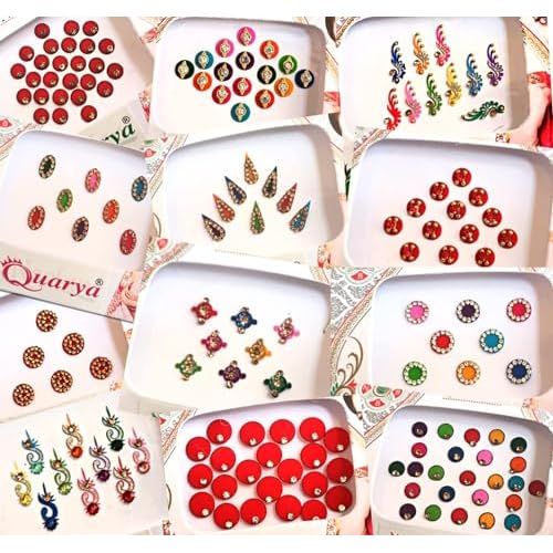 Indian Designer Multicolour Bindi Pack of 5 | Glitter Sparkle Crystal Diamond Stone Bindis | Self-Adhesive Bollywood Style Forehead Stickers | Reusable Body Art Jewel for Women & Girls
