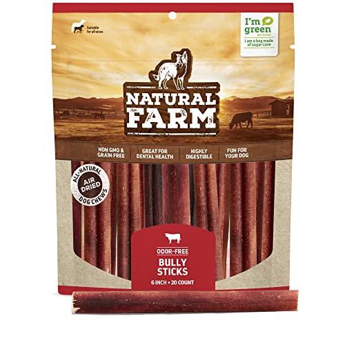 Natural Farm Odor-Free Bully Sticks (6 Inch, 20 Pack), 100% Beef Chews for Pups, Small and Medium Dogs, Non-GMO, Grain-Free, Fully Digestible, Natural Treats to Keep Your Dog Busy